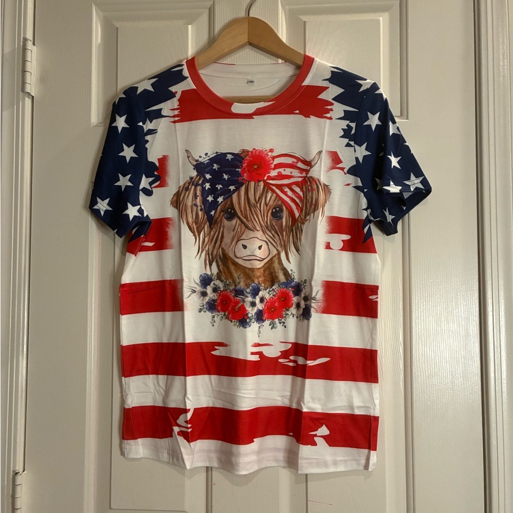 Stars and Stripes Cow Print Women's Tee - Picture 1 of 9